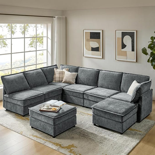HULALA HOME Oversized Modular Sectional Sofa, 8 Seat U Shaped Couch with Storage Ottoman, Comfy Chenille Sofa with Deep Seat, Convertible Sectional Couches for Living Room, Grey