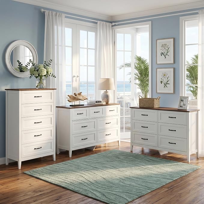 Gizoon 3 Piece Dresser Set, 5 Drawer Dresser + 6 Chest + 7 Chest of Drawer, Farmhouse Bedroom Furniture Set, with Retro Top, Black Handles, Anti-tip, Organizer for Bedroom, Living Room
