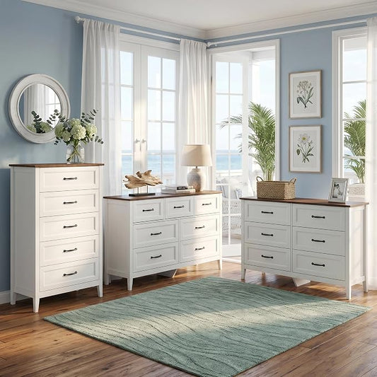 Gizoon 3 Piece Dresser Set, 5 Drawer Dresser + 6 Chest + 7 Chest of Drawer, Farmhouse Bedroom Furniture Set, with Retro Top, Black Handles, Anti-tip, Organizer for Bedroom, Living Room
