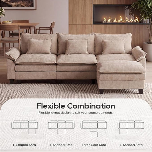 URRED Oversized Modular Sectional Sofa, 122" L Shaped Modern Comfy Cloud Couch with Movable Ottoman & Pillows, Deep Seat Couches for Living Room, Bedroom or Apartment (Chenille Khaki, 122" L Shaped)
