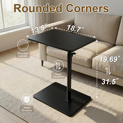 YUHFERA Sofa Armrest Tray Table for Couch - 360 Swivel Height Adjustable C-Shaped End Table for Small Spaces, Snack Side Table for Bed or Chair with Phone & Tablet Slot, Black, Enlarged
