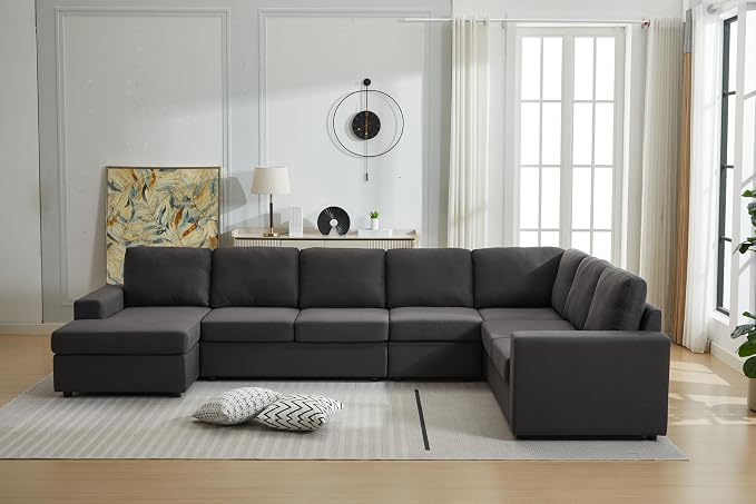 Ball & Cast 147" L-Shaped Sectional Couches for Living Room with Reversible Chaise&Removable Back Cushions,7 Seat Linen Upholstered Convertible Sectional Sofa,DIY Combination,for Home,Office,Dark Gray