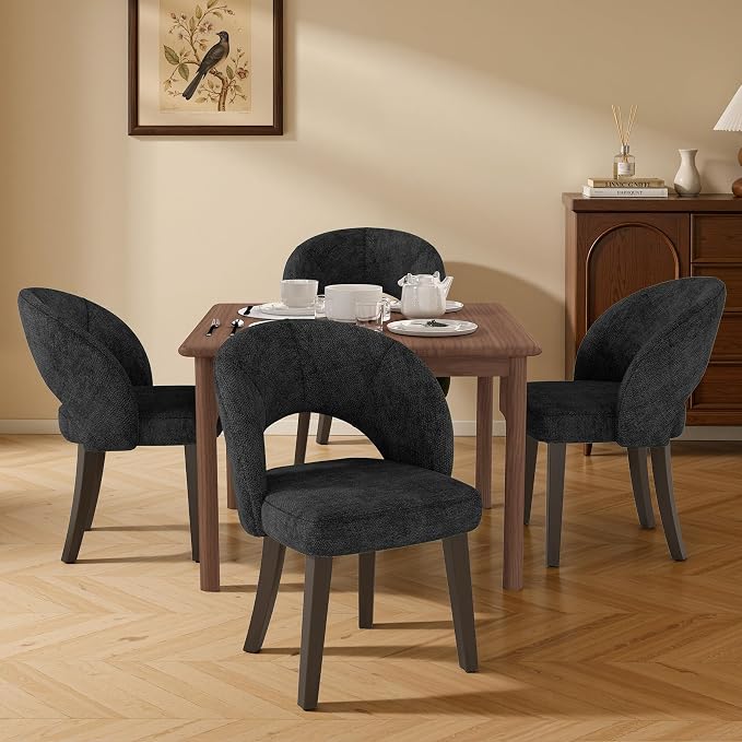 Dining Chairs Set of 2, Mid Century Modern Dining Chairs with Solid Wood Legs, Curved Back Kitchen Chair Farmhouse Side Upholstered Chairs for Kitchen Dining Room, Black