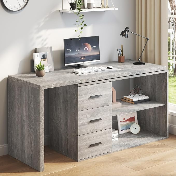 HSH L Shaped Office Desk with Drawers Shelves 55-76 Inch, Corner Computer Desk with Storage 360 Rotating Long for Work, Executive, Study, Writing, Teacher, Bedroom Modern Gaming Table, Light Grey