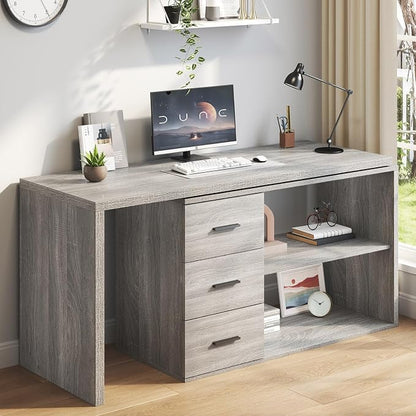 HSH L Shaped Office Desk with Drawers Shelves 55-76 Inch, Corner Computer Desk with Storage 360 Rotating Long for Work, Executive, Study, Writing, Teacher, Bedroom Modern Gaming Table, Light Grey