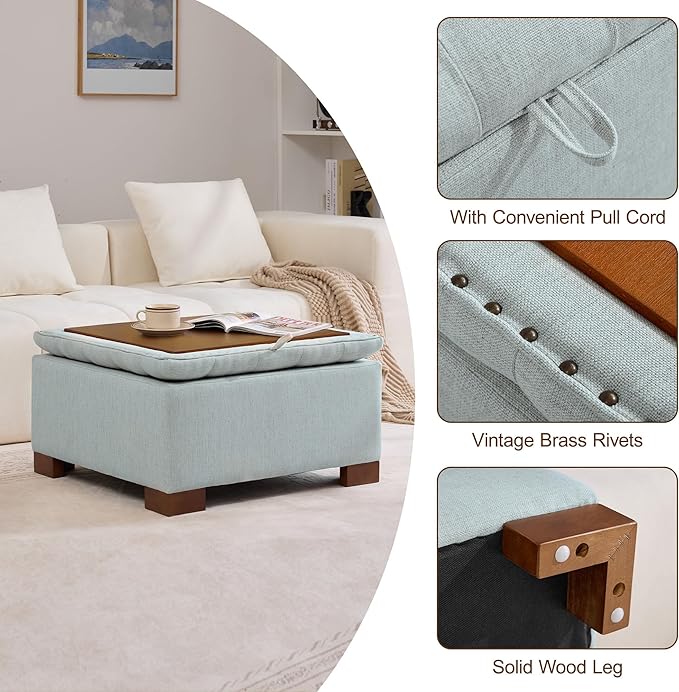 WUTUTUEE 30" Fabric Square Storage Ottoman with Wooden Tray, Modern Tufted Button Footstool Coffee Table, Upholstered Large Ottoman for Living Room, Bedroom, Blue