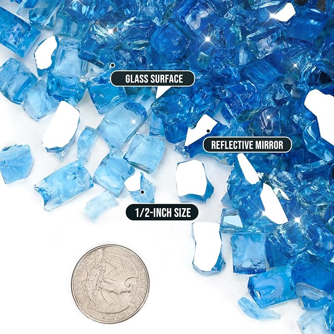 Skyflame 10-Pound Fire Glass for Fireplace Fire Pit and Landscaping, Pacific Blue Reflective, 1/2-Inch