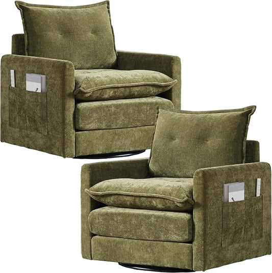 Swivel Accent Chair Set of 2, Modern Swivel Barrel Chair for Living Room, 360 Degree Comfy Square Accent Barrel Chair, Upholstered Sofa Armchair for Bedroom,Reading, Chenille, Olive Green