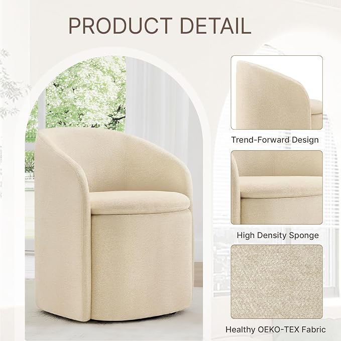 KISLOT Upholstered Dining Chairs with Casters, No Assembly Rolling Modern Dining Room Chairs with Hidden Storage & Barrel Backrest, Accent Chair for Bedroom, Living Room, Dressing, Sand, Set of 4