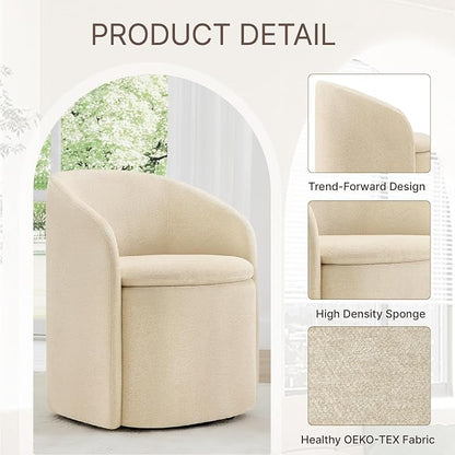 KISLOT Upholstered Dining Chairs with Casters, No Assembly Rolling Modern Dining Room Chairs with Hidden Storage & Barrel Backrest, Accent Chair for Bedroom, Living Room, Dressing, Sand, Set of 2