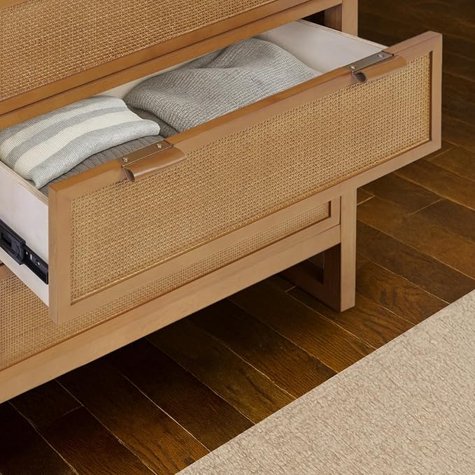 Teamson Home Hatteras 30'' W 3-Drawer Dresser with Rattan Inset Panels, Solid Pine Wood Frame and Acacia Veneer Plus Anti-Tip Kit Included, Coastal Modern Style, Natural Finish | Rattan Inset Panels, Solid Pine Wood Frame, Acacia Veneer, Anti-Tip Kit I...