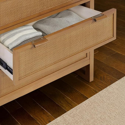 Teamson Home Hatteras 30'' W 3-Drawer Dresser with Rattan Inset Panels, Solid Pine Wood Frame and Acacia Veneer Plus Anti-Tip Kit Included, Coastal Modern Style, Natural Finish | Rattan Inset Panels, Solid Pine Wood Frame, Acacia Veneer, Anti-Tip Kit I...