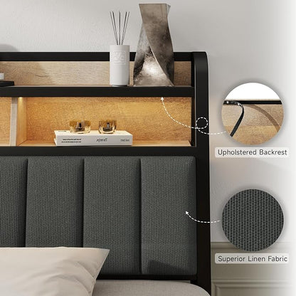 King Headboard Only with Storage, Upholstered Headboards for King Size Bed with LED Light, Charging Station, Height Adjustable, Sturdy and Stable Headboard, Black & Brown