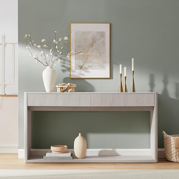 OKD 63" Fluted Console Table for Entryway, Modern Entryway Table with 2 Large Drawers, Long Sofa Table Behind Couch for Living Room, Hallway, Couch, Foyer，Alder White