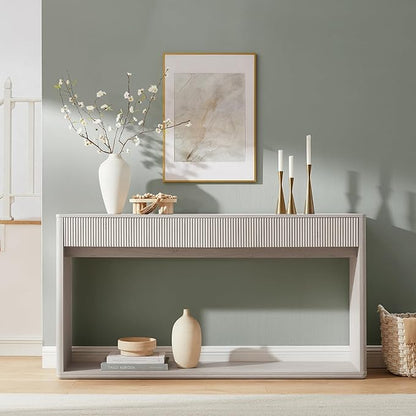 OKD 63" Fluted Console Table for Entryway, Modern Entryway Table with 2 Large Drawers, Long Sofa Table Behind Couch for Living Room, Hallway, Couch, Foyer，Alder White