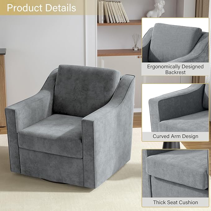 Swivel Accent Chair, 360° Swivel Upholstered Club Armchairs for Living Room, Comfy Single Sofa Reading Chair with Deep Seat, Metal Swivel Base, Chenille Fabric, Gray