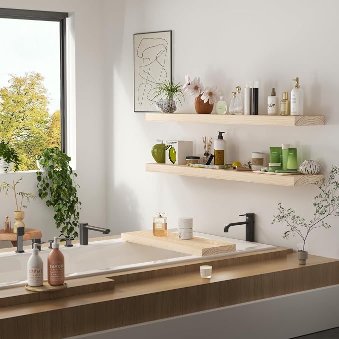 Vivelove Natural Wood Floating Shelves 48”，8 inch Deep Floating Shelf with Invisible Brackets, Unfinished Wall Shelves for Living Room, Bathroom, Kitchen, Bedroom, Home Decor, Set of 1 - Natural