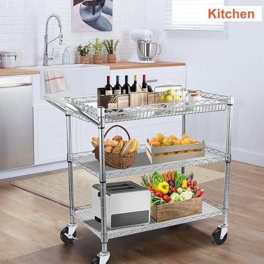 BolDuck Heavy Duty Utility Cart, 990Lbs Capacity 3 Tier Rolling Carts with Wheels, Kitchen Cart on Wheels with Storage, Commercial Grade Metal Serving Carts with Wire Shelving &Handle Bar, Silver