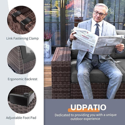 UDPATIO Patio Furniture Set, 8 Inch Armrest Outdoor Sectional Sofa with Wicker Coffee Table, 6 Piece Conversation for Garden, Backyard, Dark Grey