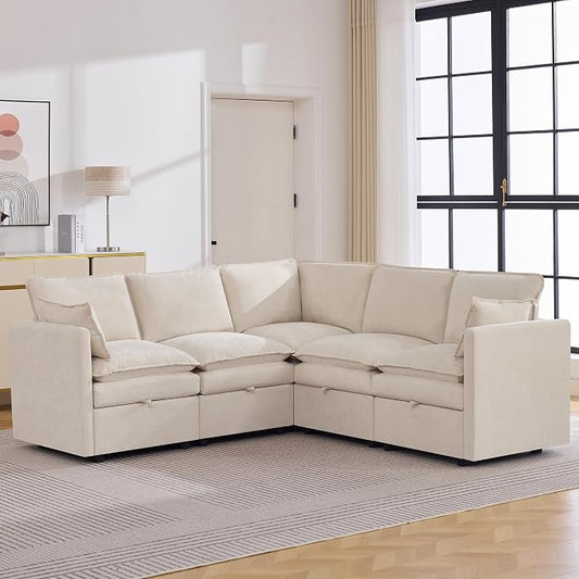 80" Beige Modular Storage Sofa, V Shaped Chenille Cloud Couch with Armrest | Oversized Convertible Sectional Sofa, 5-Seat Sectional Couch With Armrests, Large Cloud Couch For Living Room, Apartment.