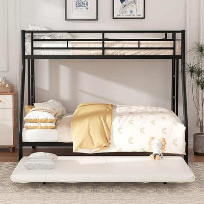 Shintenchi Bunk Bed Twin Over Full Size with Trundle, Heavy-Duty Twin&Full Frame with Full-Length Guardrail and Two Ladders, Triple for Kids, Teens and Adults, Space-Saving, Black