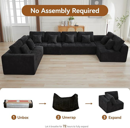 170''Modular Sectional Couches for Living Room, Cloud Boneless Compressed Sectional Sofa, Oversized U Shaped 8 Seater Upholstered Memory Foam Sofa, No Assembly, Chenille Black