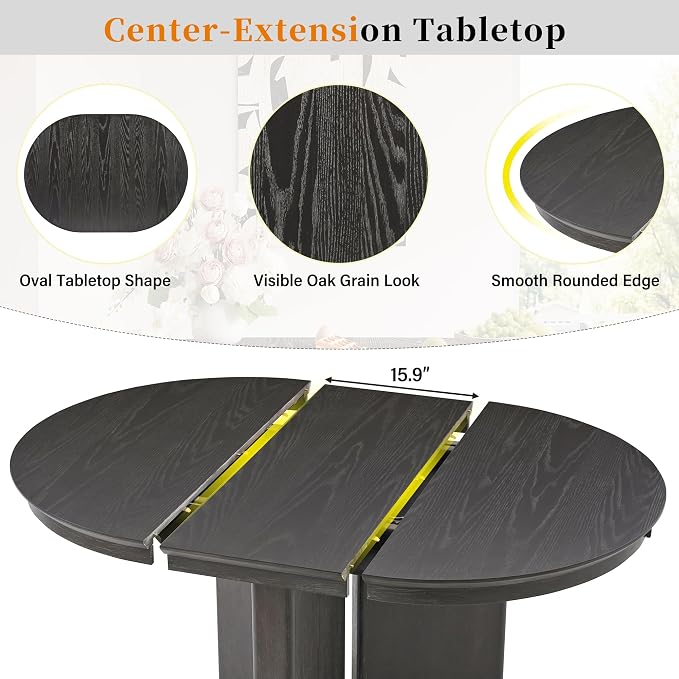 LUMISOL Round Dining Table for 4-6 People, Farmhouse Kitchen Table with Pedestal Base and Adjustable Foot Pads, Oval Extendable Dining Table for Dining Room, Kitchen, Small Space, Espresso