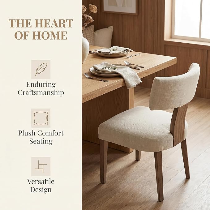 HNY Mid Century Modern Dining Chairs Set of 2, Upholstered Linen Kitchen & Dining Room Chairs with Ergonomic Curved Backrest, Solid Wood Legs, Farmhouse Accent Chair for Home, Apartment, Beige
