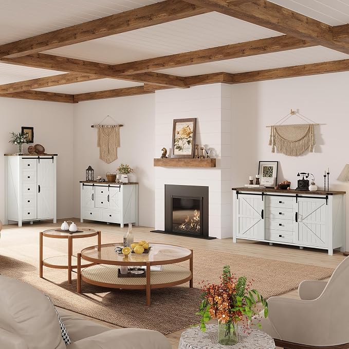 AMERLIFE 4-Piece Farmhouse Bedroom Set in Distressed White, Full Size Bed Frame with Bookcase Headboard, 5-Drawer Tall Dresser, 47'' Dresser with 4 Drawers, 60" Dresser with 4 Drawers
