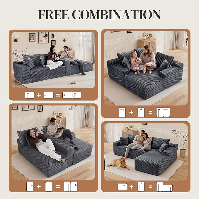 108" L Shaped Cloud Boneless Sectional Couches for Living Room, Modern Comfy Modular Deep Seat Memory Foam Compressed Corduroy Sofa Oversized Right Facing Chaise, No Assembly Required, Grey
