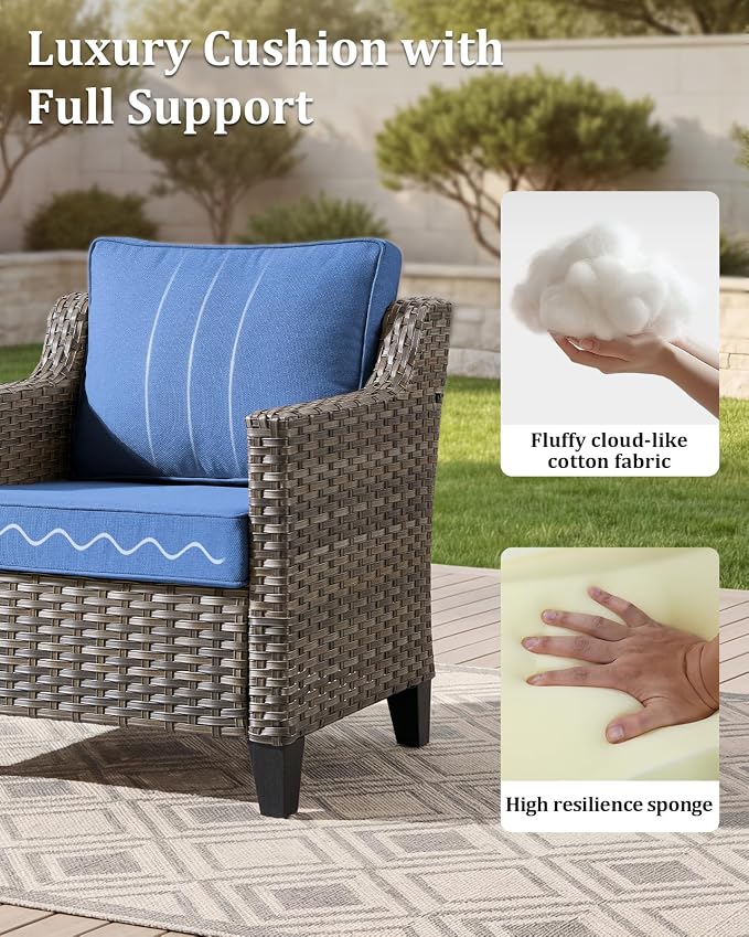 Outdoor Furniture Set of 1, Luxury Patio Sofa 3-Seat Wicker Couch with 4" Thick Cushion - Outdoor Furniture Rattan Sofa with Deep Seating High Back(Blue)