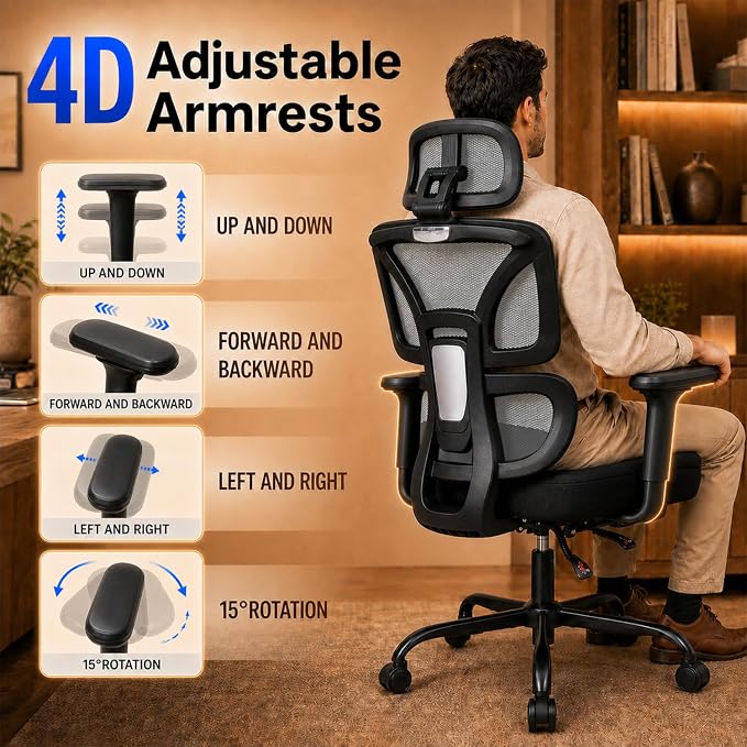 Ergonomic Office Chair with Footrest - High Back Mesh Computer Desk Chair | with Back Support, 135° Reclining, 4D Armrest & Headrest, 400lbs Thickened Seat Cushion, for Home Office, Work & Gaming