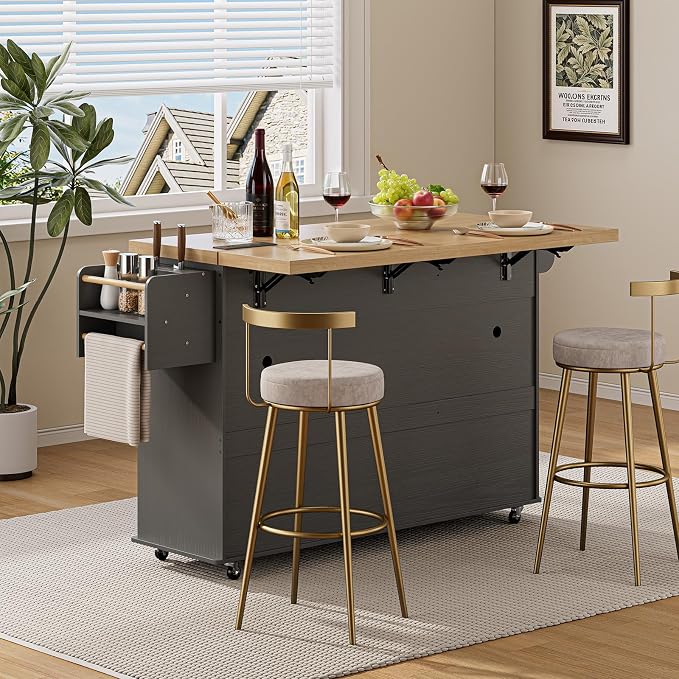 ONBRILL 60" Kitchen Island with Power Outlet & Drop Leaf, Rolling Island with Spice Rack & Towel Rack, Kitchen Island Cart with Trash Storage Cabinet, Island Table for Kitchen, Grey