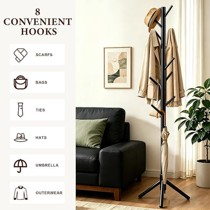2 PC Wooden Coat Rack Freestanding with 8 Hooks & 3 Adjustable Sizes for Clothes, Space-Saving Design for Bedroom Office Entrance Holds Hats Coats Scarves Bags
