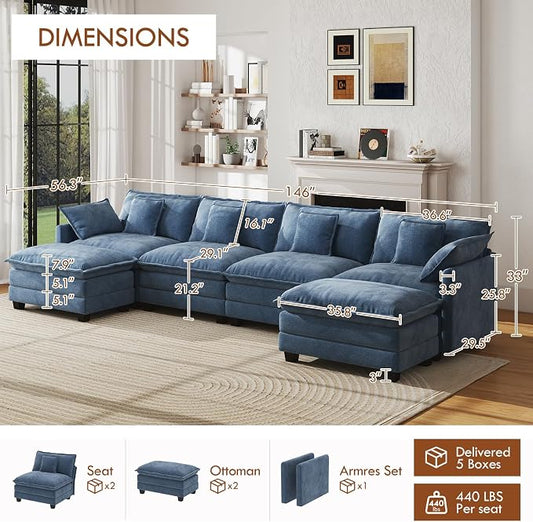 WorthFurni Oversized Modular Sectional Sofa,146” U Shaped Cloud Couch Set, 4-Seater Comfy Chenille Couches with 2 Movable Ottomans, DIY Combination for Living Room (Blue)