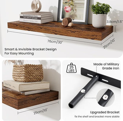 Fun Memories Floating Shelves for Wall, 30 Inch Long Floating Shelves Set of 2, 30 x 10 Wooden Shelves for Wall, Large Storage Shelves, Hanging Shelves for Bathroom Kitchen Bedroom, Rustic Brown