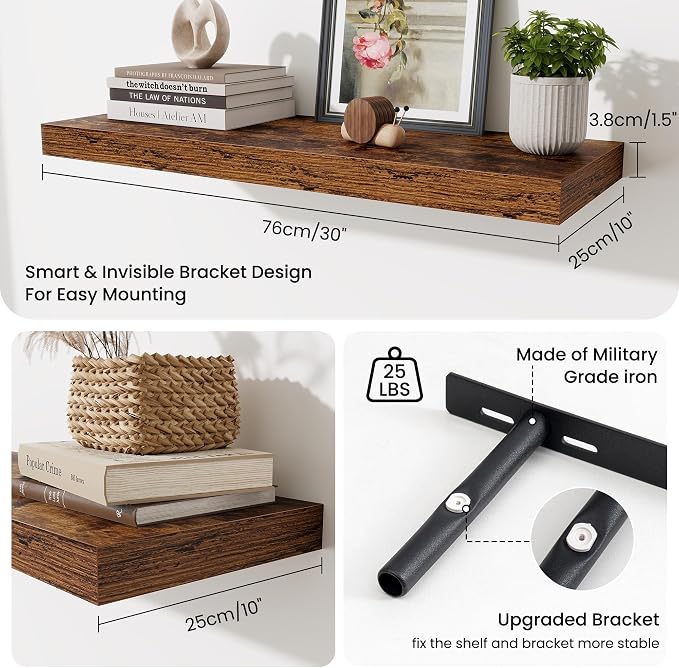 Fun Memories Floating Shelves for Wall, 30 Inch Long Floating Shelves Set of 3, 30 x 10 Wooden Shelves for Wall, Large Storage Shelves, Hanging Shelves for Bathroom Kitchen Bedroom, Rustic Brown