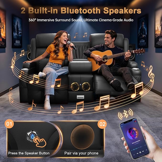 Power Loveseat Recliner Sofa, Home Theater Seating with Heat Massage, Reclining Loveseats with Flip Backrest, Wall Hugger RV Couch Movie Theater Chairs, RV Furniture Sofas with USB, for Gaming Room