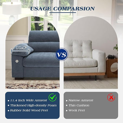 WorthFurni Sofas for Living Room, Chenille Pillow-Armrest Loveseat Couch Set, Small Sofa, 3 Seater Sofa, USB Charging, Removable Sofa Cover, Solid Wood Frame, Easy to Install (90.5 inch, Blue)