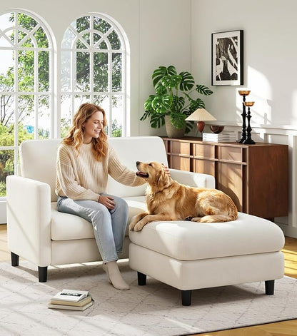 Welzona Loveseat, 51" Small L Shaped Couch, Comfy Teddy Love Seat with Ottoman Set, Tool-Free Setup Loveseat Sofa with Ottoman, All-Wood Small Sofa Couch for Bedroom, Couch for Living Room, Beige