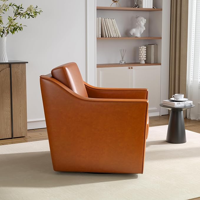 Faux Leather Swivel Accent Chair, 360° Swivel Upholstered Club Armchairs for Living Room, Comfy Single Sofa Reading Chair with Deep Seat, Metal Swivel Base, Light Brown