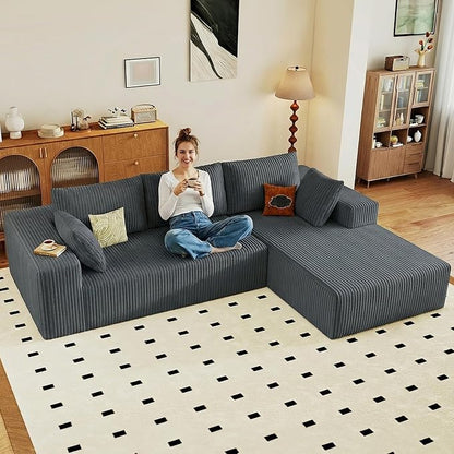 95" Cloud Sectional Couch with L-Shape Chaise, Modular Comfy Sofa Chaise Longue, Upholstered Corduroy Couches Sleeper with Deep Seat for Living Room Bedroom, No Assembly Required(Grey, Right Facing)