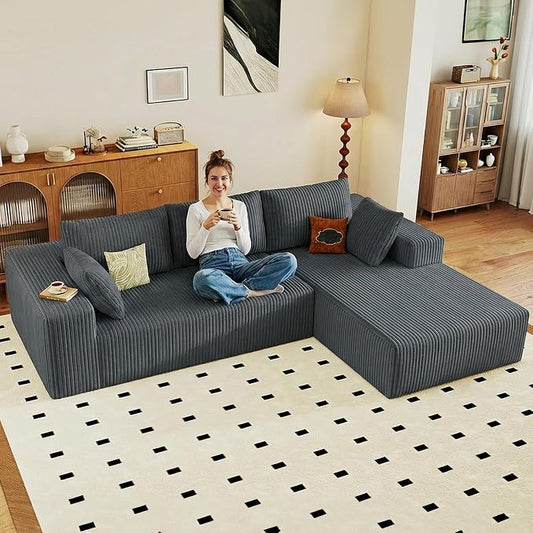 95" Cloud Sectional Couch with L-Shape Chaise, Modular Comfy Sofa Chaise Longue, Upholstered Corduroy Couches Sleeper with Deep Seat for Living Room Bedroom, No Assembly Required(Grey, Right Facing)