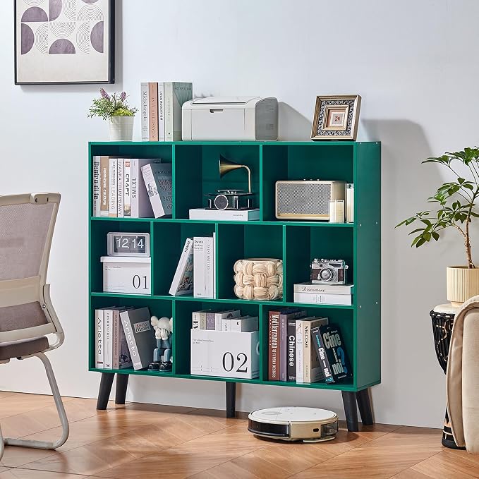 LEYAOYAO 10 Cube Bookshelf,3 Tier Modern Wide Bookcase with Legs,Mid-Century Wood Bookshelves Storage,Dark Green Large Book Case,Freestanding Organizer Display Shelf for Bedroom,Living Room,Office