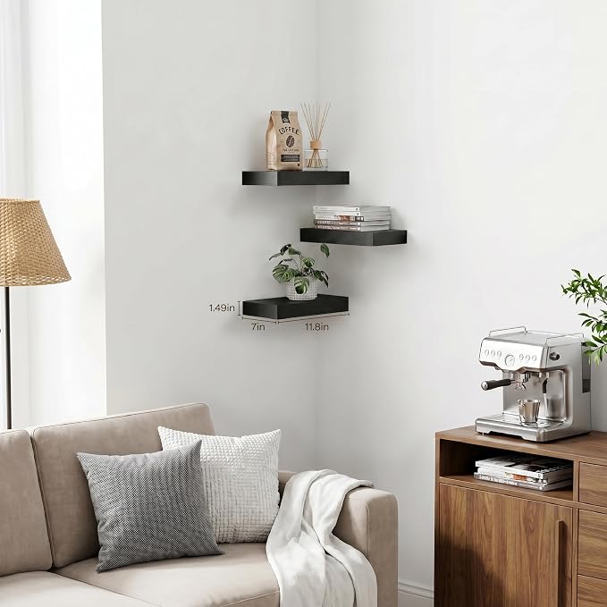 Black Floating Shelves for Wall,Wood Shelves for Bathroom, Living Room, Bedroom and Kitchen,Wall Shelves for Books,Room Decor&Storage(Set of 3, 11.8 Inch)