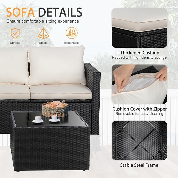 Shintenchi 4 Pieces Patio Furniture Set, 2-in-1 Convertible Sectional Sofa & Chaise Lounge, All-Weather Wicker Rattan Sofa Couch with Cushions & Coffee Table for Yard, Garden, Porch, Poolside (Beige)