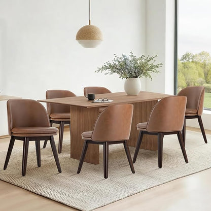 KISLOT Wooden Dining Chairs Set of 4, Faux Leather Upholstered Modern Dining Room Chairs with Double-Layer Thick Seat Cushion & Ergonomic Backrest for Restaurant, Kitchen and Café, Brown, 2 Boxs