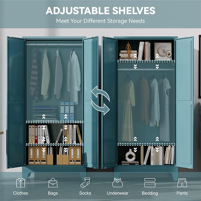 Baborokic Metal Armoire Wardrobe Closet with Hanging Rod,71H Metal Cabinet with Doors and Shelves,Bedroom Armoire Closet Organizers,Storage Cabinets for Bedroom,Office,Laundry Room(Blue)