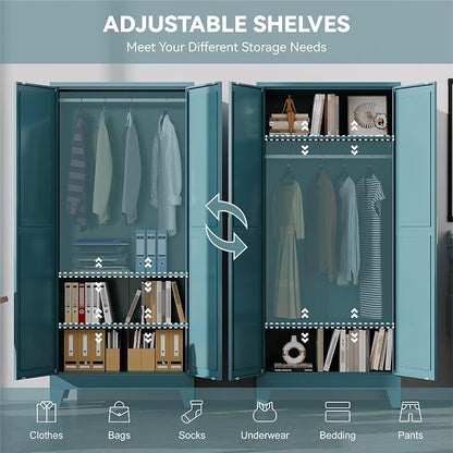 Baborokic Metal Armoire Wardrobe Closet with Hanging Rod,71H Metal Cabinet with Doors and Shelves,Bedroom Armoire Closet Organizers,Storage Cabinets for Bedroom,Office,Laundry Room(Blue)