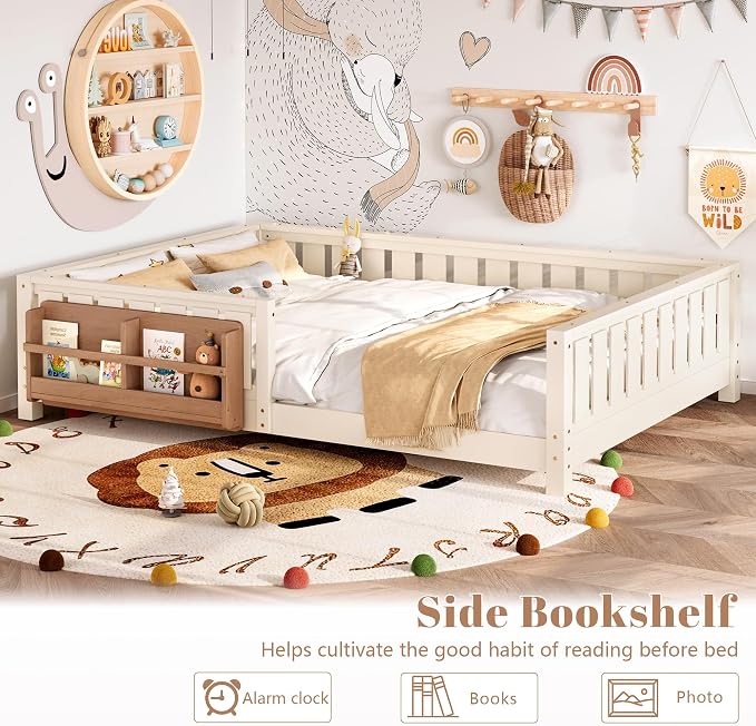 Bellemave Queen Floor Bed with Slats and Rails, Queen Size Montessori Floor Bed with Bookcase and Fence, Easy Assemble Montessori Beds for Girls, Boys, Beige Floor Beds